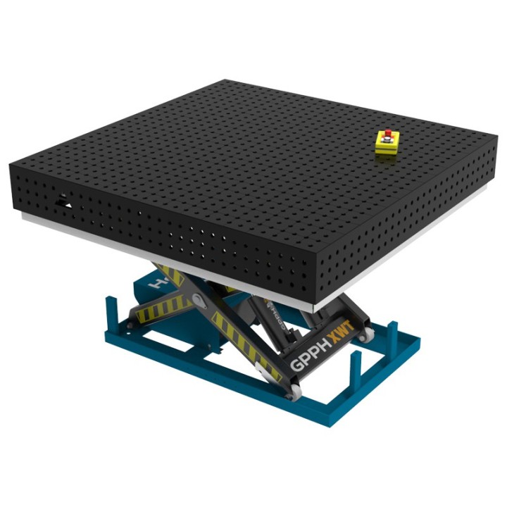 Banco per saldatura SteelPlus idraulico GPPH 1,5x1,48mt spessore 12mm, fori 16mm in griglia 50x50mm