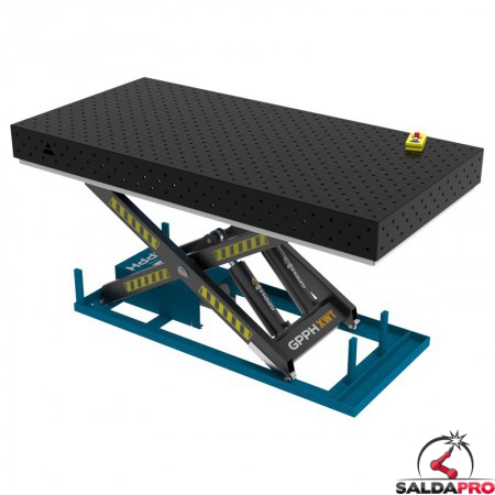 Banco per saldatura SteelPlus idraulico GPPH 2,4x1,2mt spessore 12mm, fori 16mm in griglia diagonale