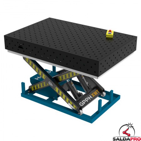 Banco per saldatura SteelPlus idraulico GPPH 1,5x1mt spessore 12mm, fori 16mm in griglia diagonale