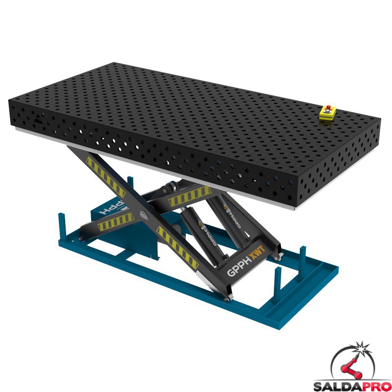 Banco per saldatura SteelMax idraulico GPPH 2,4x1,2mt spessore 15mm, fori 28mm in griglia diagonale Banco per saldatura SteelMax idraulico GPPH 2,4x1,2mt spessore 15mm, fori 28mm in griglia diagonale
