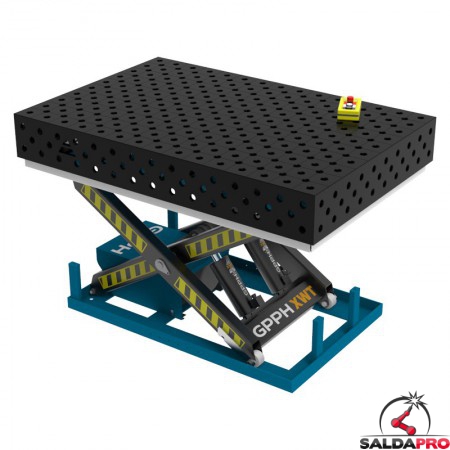 Banco per saldatura SteelMax idraulico GPPH 1,5x1mt spessore 15mm, fori 28mm in griglia diagonale