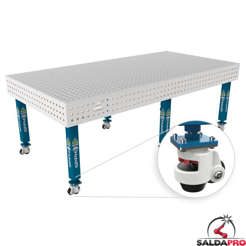Tavolo per saldatura con ruote SteelPlus INOX GPPH 2,4x1,2mt spessore 12mm, fori 16mm griglia 50x50mm