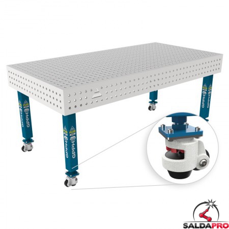 Tavolo per saldatura con ruote SteelPlus INOX GPPH 2x1mt spessore 12mm, fori 16mm griglia 50x50mm