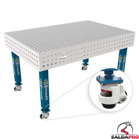 Tavolo per saldatura con ruote SteelPlus INOX GPPH 1,5x1mt spessore 12mm, fori 16mm griglia 50x50mm