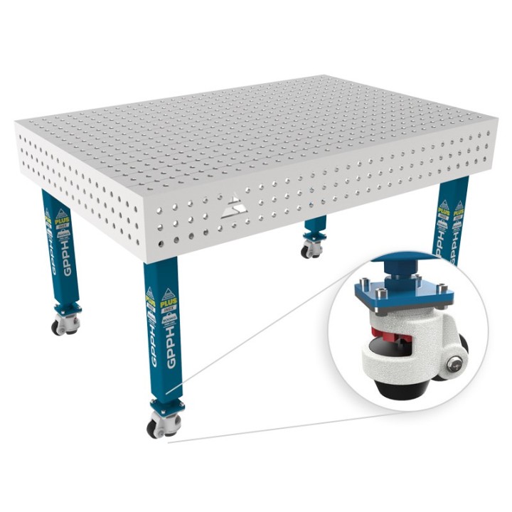 Tavolo per saldatura con ruote SteelPlus INOX GPPH 1,5x1mt spessore 12mm, fori 16mm griglia 50x50mm