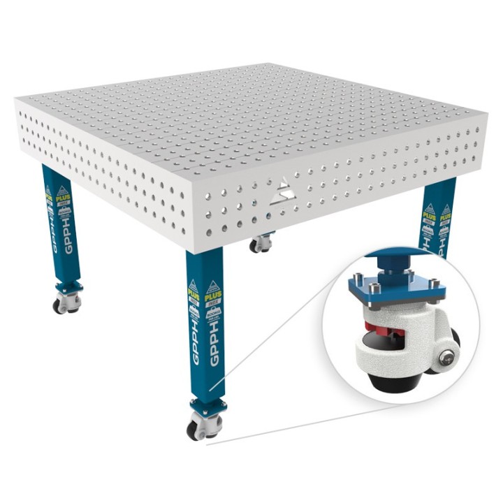 Tavolo per saldatura con ruote SteelPlus INOX GPPH 1,2x1,2mt spessore 12mm, fori 16mm griglia 50x50mm