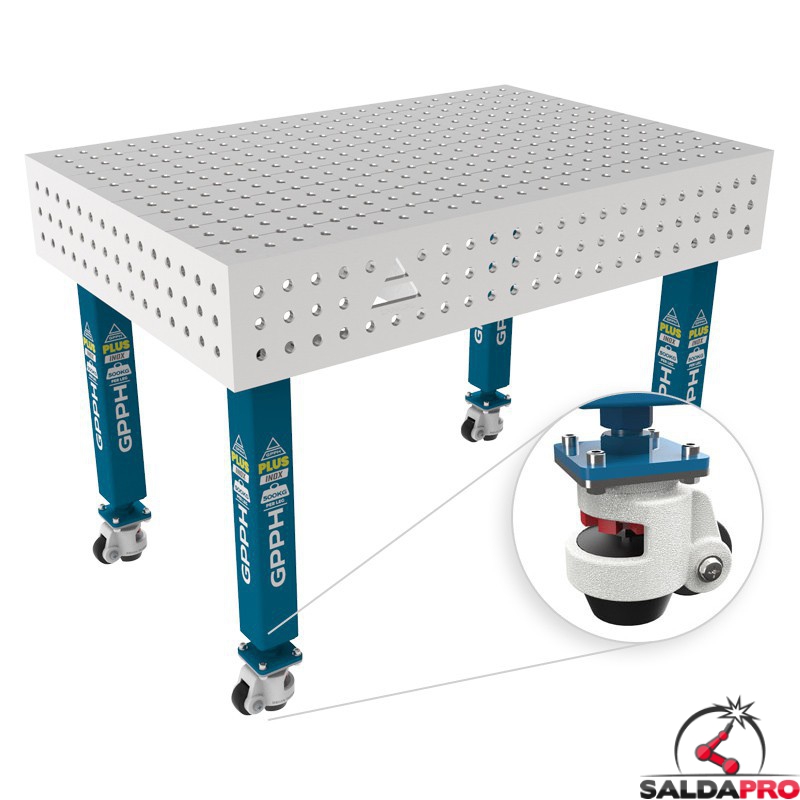 Tavolo per saldatura con ruote SteelPlus INOX GPPH 1,2x0,8mt spessore 12mm, fori 16mm griglia 50x50mm