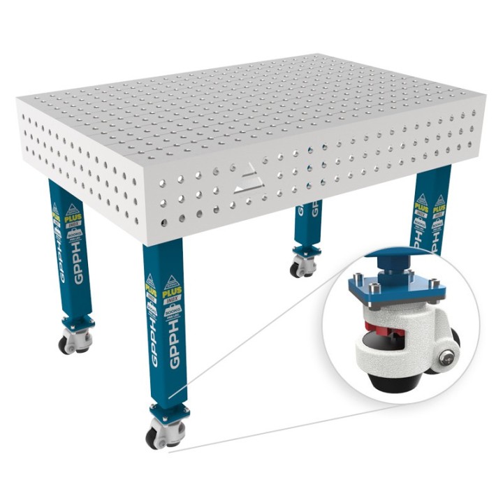 Tavolo per saldatura con ruote SteelPlus INOX GPPH 1,2x0,8mt spessore 12mm, fori 16mm griglia 50x50mm