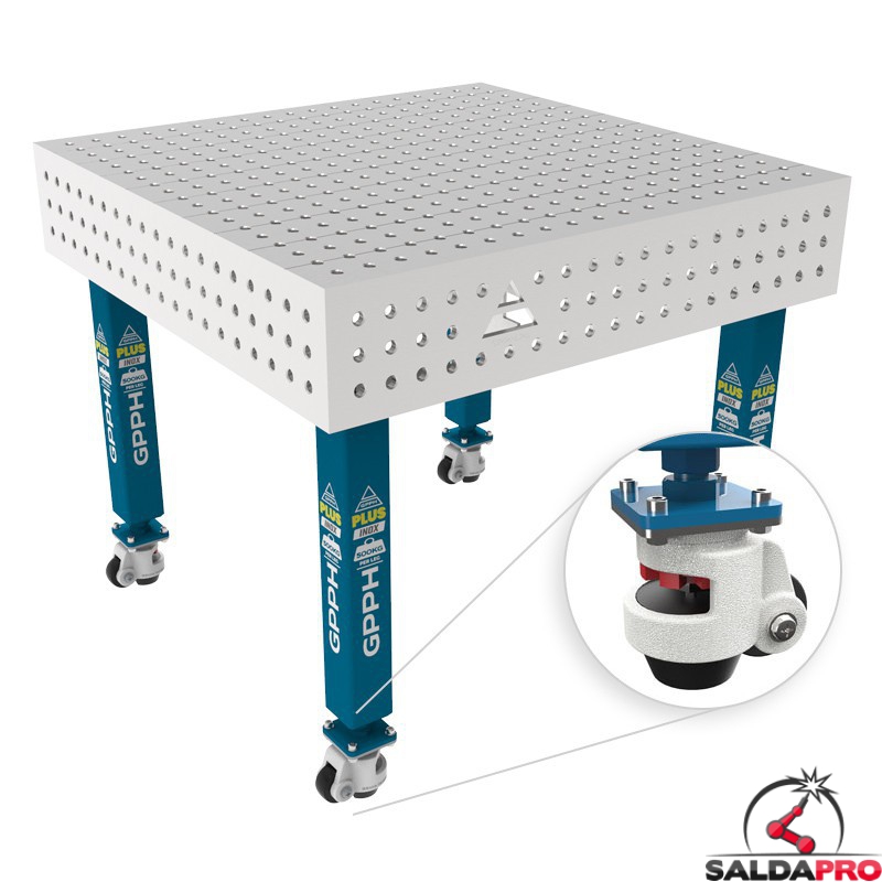 Tavolo per saldatura con ruote SteelPlus INOX GPPH 1x1mt spessore 12mm, fori 16mm griglia 50x50mm