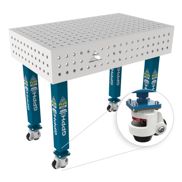 Tavolo per saldatura con ruote SteelPlus INOX GPPH 1x0,6mt spessore 12mm, fori 16mm griglia 50x50mm