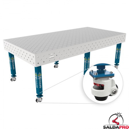 Tavolo per saldatura con ruote SteelPlus INOX GPPH 2,4x1,2mt spessore 12mm, fori 16mm griglia diagonale