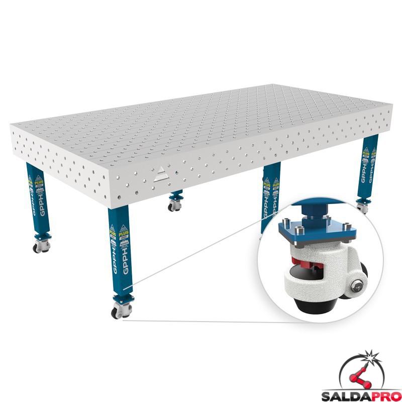 Tavolo per saldatura con ruote SteelPlus INOX GPPH 2,4x1,2mt spessore 12mm, fori 16mm griglia diagonale Tavolo per saldatura con ruote SteelPlus INOX GPPH 2,4x1,2mt spessore 12mm, fori 16mm griglia diagonale