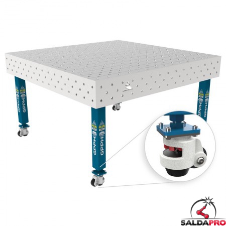 Tavolo per saldatura con ruote SteelPlus INOX GPPH 1,5x1,48mt spessore 12mm, fori 16mm griglia diagonale