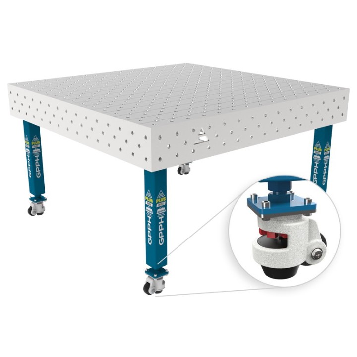 Tavolo per saldatura con ruote SteelPlus INOX GPPH 1,5x1,48mt spessore 12mm, fori 16mm griglia diagonale