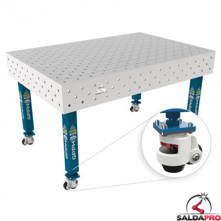 Tavolo per saldatura con ruote SteelPlus INOX GPPH 1,5x1mt spessore 12mm, fori 16mm griglia diagonale