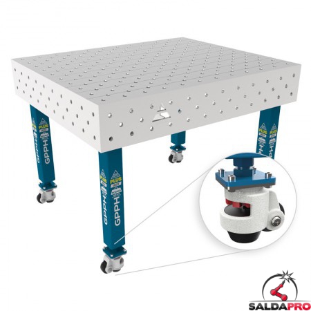 Tavolo per saldatura con ruote SteelPlus INOX GPPH 1,2x1mt spessore 12mm, fori 16mm griglia diagonale