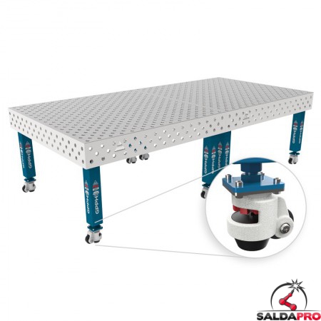 Tavolo per saldatura con ruote SteelMax INOX GPPH 3x1,48mt spessore 15mm, fori 28mm griglia diagonale