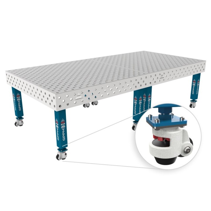 Tavolo per saldatura con ruote SteelMax INOX GPPH 3x1,48mt spessore 15mm, fori 28mm griglia diagonale