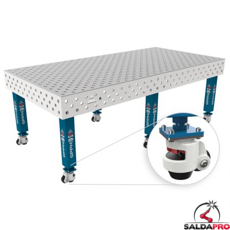 Tavolo per saldatura con ruote SteelMax INOX GPPH 2,4x1,2mt spessore 15mm, fori 28mm griglia diagonale