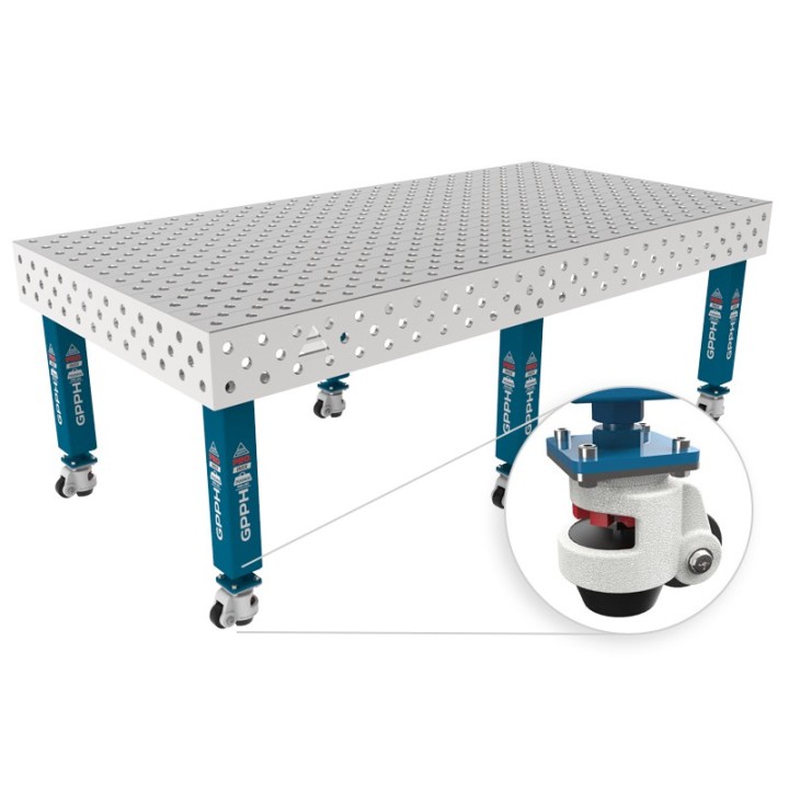 Tavolo per saldatura con ruote SteelMax INOX GPPH 2,4x1,2mt spessore 15mm, fori 28mm griglia diagonale