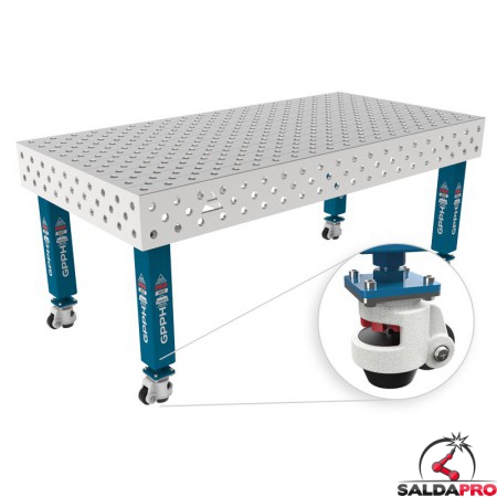 Tavolo per saldatura con ruote SteelMax INOX GPPH 2x1mt spessore 15mm, fori 28mm griglia diagonale