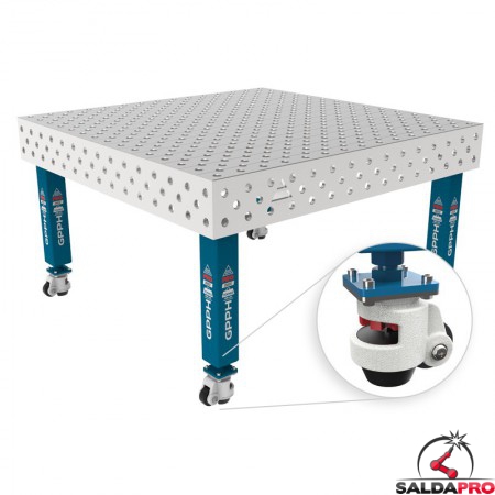 Tavolo per saldatura con ruote SteelMax INOX GPPH 1,5x1,48mt spessore 15mm, fori 28mm griglia diagonale