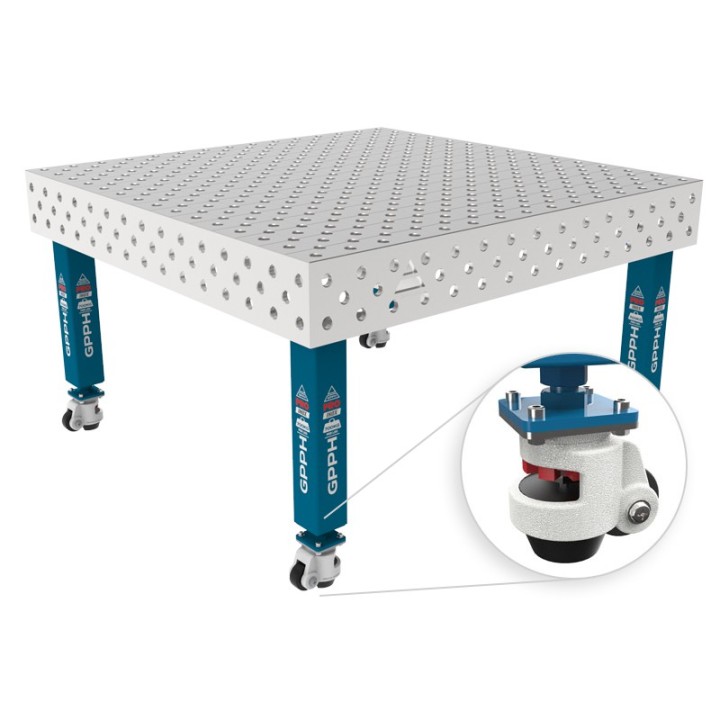 Tavolo per saldatura con ruote SteelMax INOX GPPH 1,5x1,48mt spessore 15mm, fori 28mm griglia diagonale