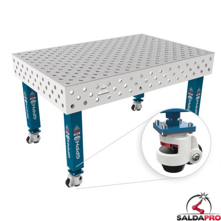 Tavolo per saldatura con ruote SteelMax INOX GPPH 1,5x1mt spessore 15mm, fori 28mm griglia diagonale