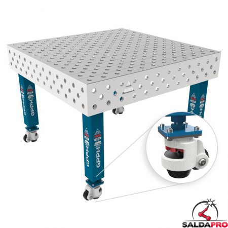 Tavolo per saldatura con ruote SteelMax INOX GPPH 1,2x1,2mt spessore 15mm, fori 28mm griglia diagonale