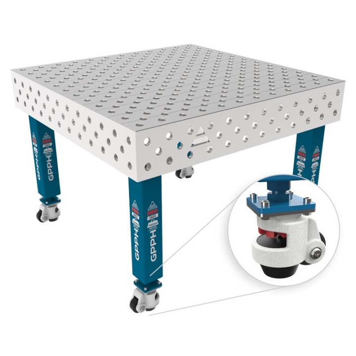 Tavolo per saldatura con ruote SteelMax INOX GPPH 1,2x1,2mt spessore 15mm, fori 28mm griglia diagonale