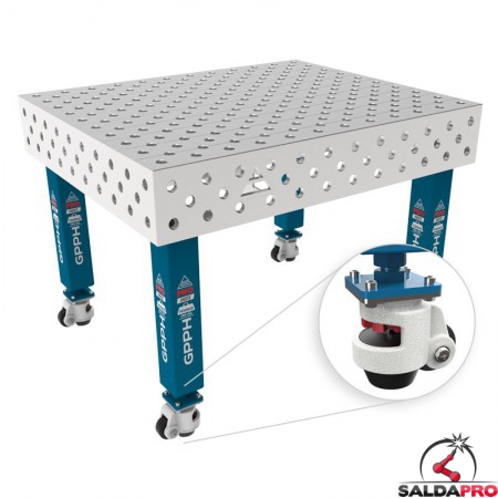 Tavolo per saldatura con ruote SteelMax INOX GPPH 1,2x1mt spessore 15mm, fori 28mm griglia diagonale
