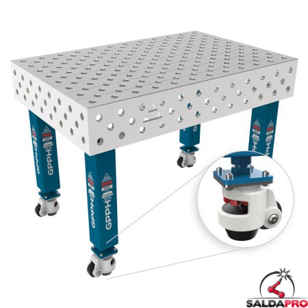 Tavolo per saldatura con ruote SteelMax INOX GPPH 1,2x0,8mt spessore 15mm, fori 28mm griglia diagonale