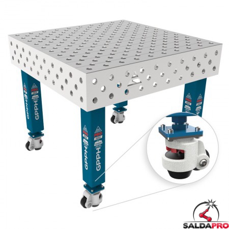 Tavolo per saldatura con ruote SteelMax INOX GPPH 1x1mt spessore 15mm, fori 28mm griglia diagonale