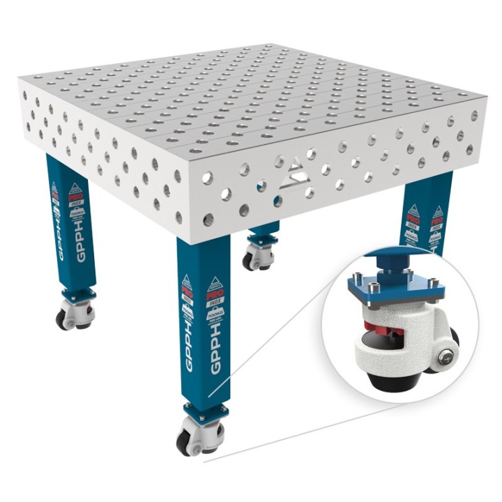 Tavolo per saldatura con ruote SteelMax INOX GPPH 1x1mt spessore 15mm, fori 28mm griglia diagonale