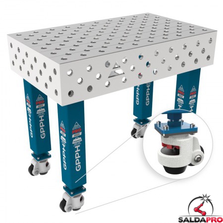 Tavolo per saldatura con ruote SteelMax INOX GPPH 1x0,6mt spessore 15mm, fori 28mm griglia diagonale