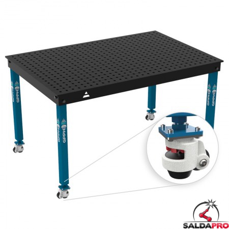 Tavolo per saldatura con ruote Basic GPPH 1,5x1mt spessore 12mm, fori 16mm griglia 50x50mm