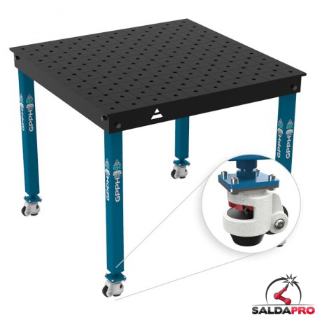 Tavolo per saldatura con ruote Basic GPPH 1x1mt spessore 12mm, fori 16mm griglia diagonale