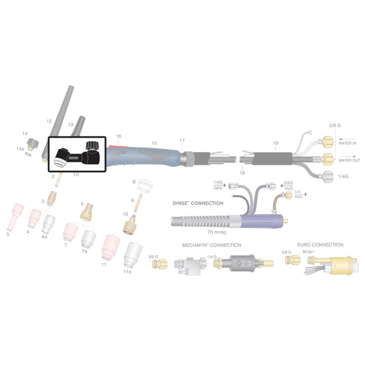 Corpo torcia con rubinetto WP-20 per saldatura TIG