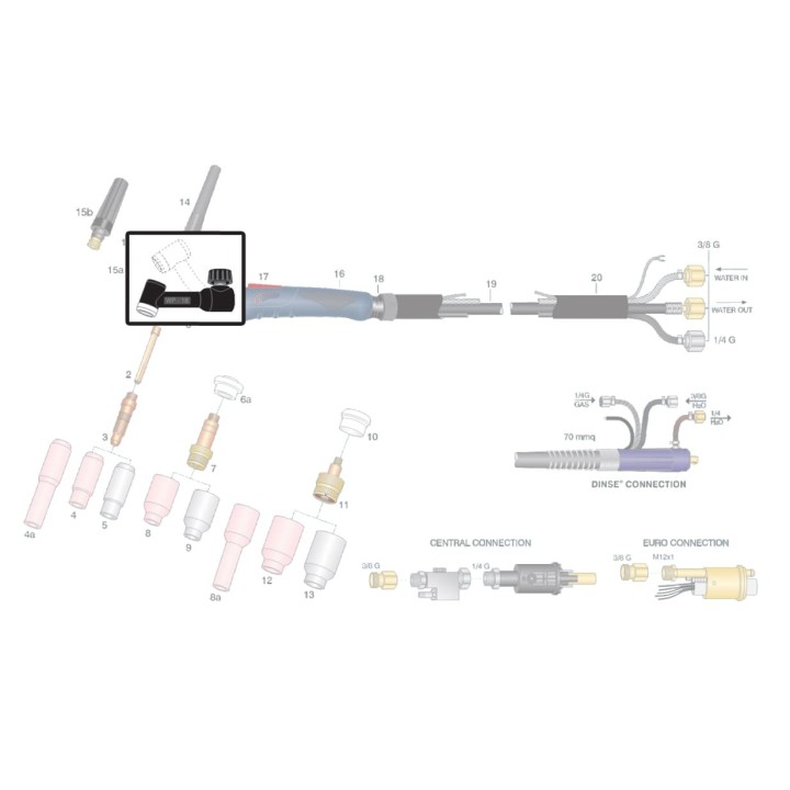 Corpo torcia flessibile con rubinetto WP-18 per saldatura TIG