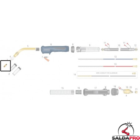 dettaglio ricambio punta guidafilo m6x28 contatto cucrzr per torce bz dinse ocim tynos saldatura filo mig