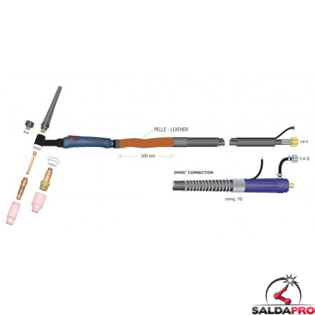 dettaglio torcia completa wp-17 high-flex attacco dinse 70 1/4g saldatura tig