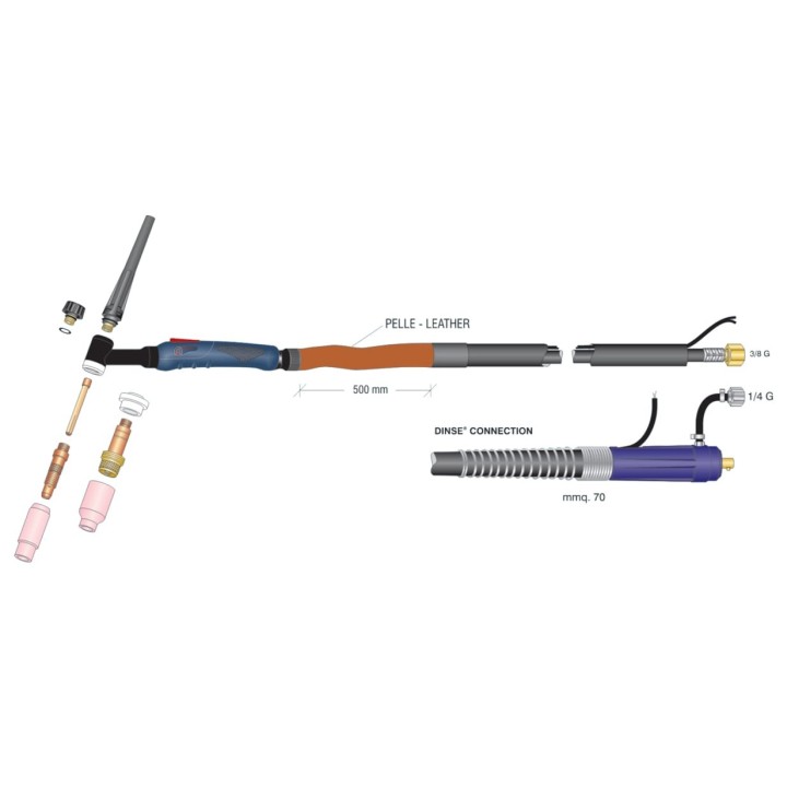 dettaglio torcia completa wp-17 high-flex attacco dinse 70 1/4g saldatura tig
