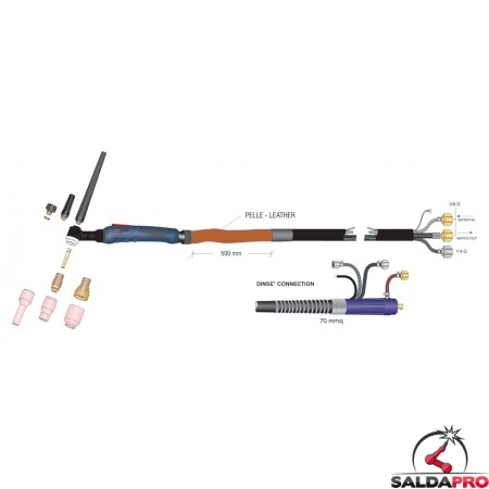 dettaglio torcia completa wp20 high flex attacco dinse70 saldatura tig