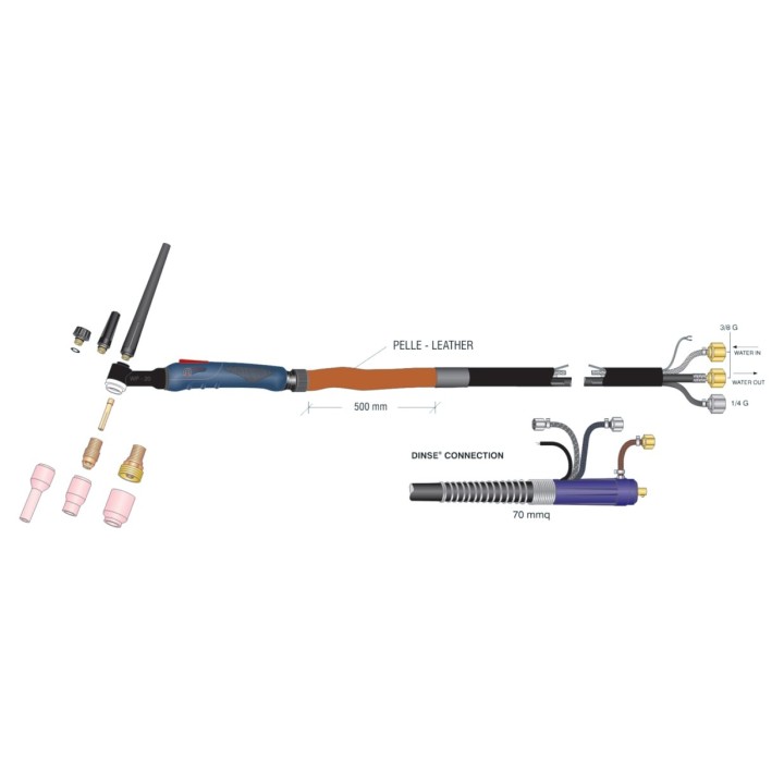 dettaglio torcia completa wp20 high flex attacco dinse70 saldatura tig
