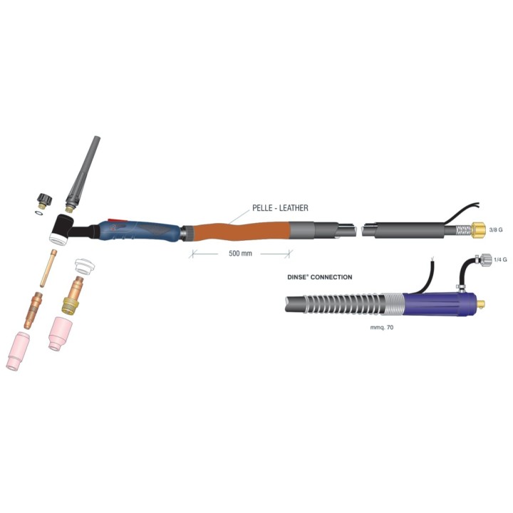 dettaglio torcia completa wp26 high flex attacco dinse70 saldatura tig