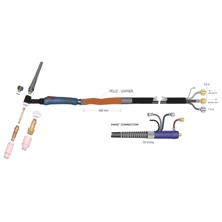 dettaglio torcia completa wp18 high flex attacco dinse 70 saldatura tig