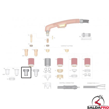 dettaglio protezione ugello lungo 50a taglio contatto ricambio torce plasma ergocut a101 a141 a151 trafimet