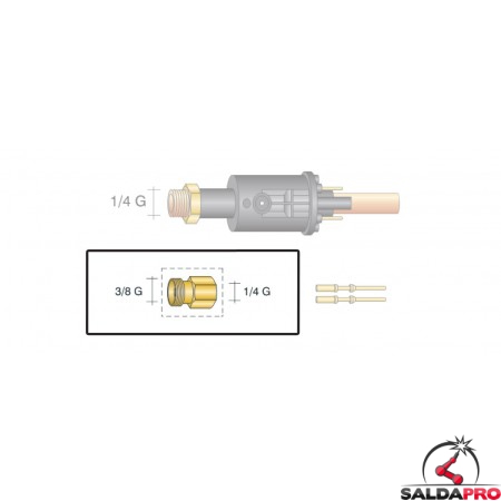 dettaglio raccordo da 3/8"G a 1/4"G ricambio adattatore centralizzato torce tig