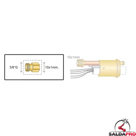 dettaglio raccordo da 3/8"G a 10x1mm ricambio adattatore eurotig torce saldatura tig