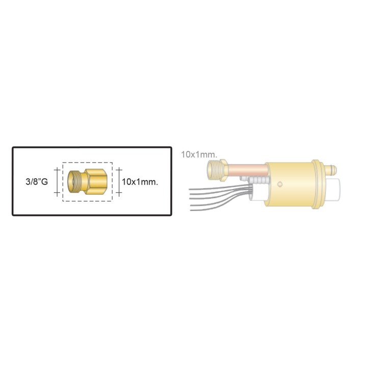 dettaglio raccordo da 3/8"G a 10x1mm ricambio adattatore eurotig torce saldatura tig